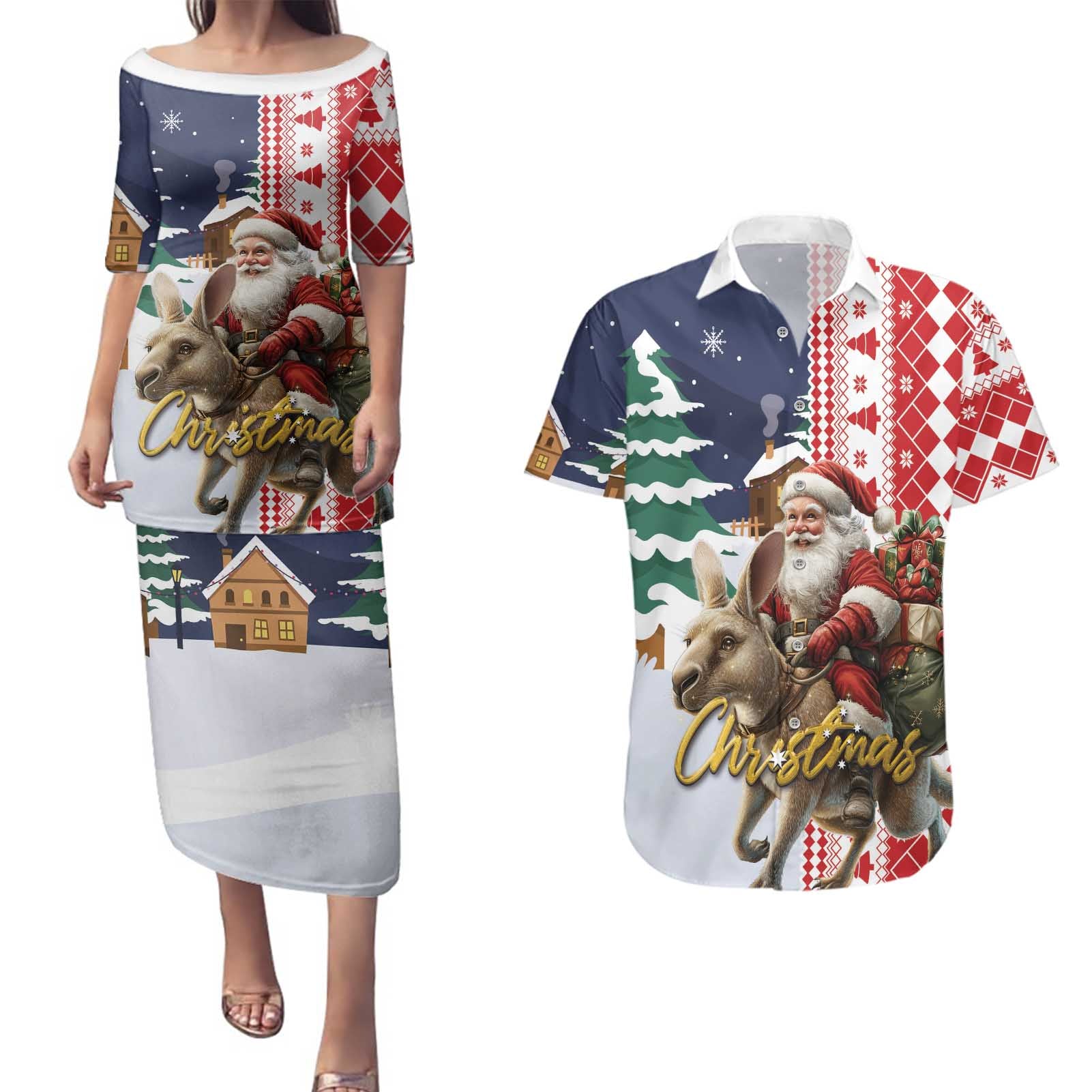 Kangaroo Australia Christmas Couples Matching Puletasi and Hawaiian Shirt Xmas Pattern - Wonder Print Shop