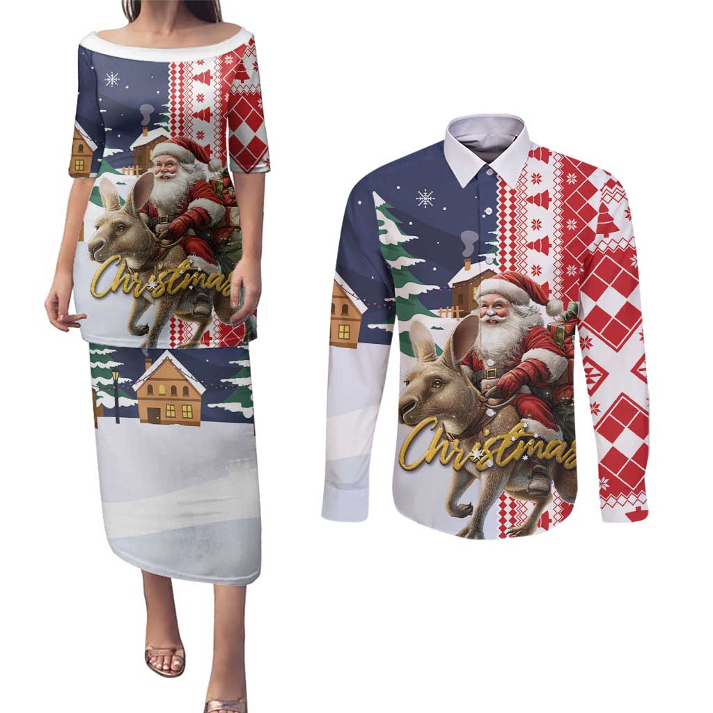 Kangaroo Australia Christmas Couples Matching Puletasi and Long Sleeve Button Shirt Xmas Pattern - Wonder Print Shop