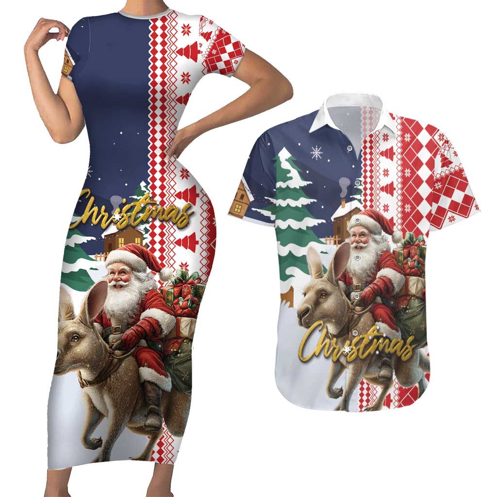 Kangaroo Australia Christmas Couples Matching Short Sleeve Bodycon Dress and Hawaiian Shirt Xmas Pattern - Wonder Print Shop