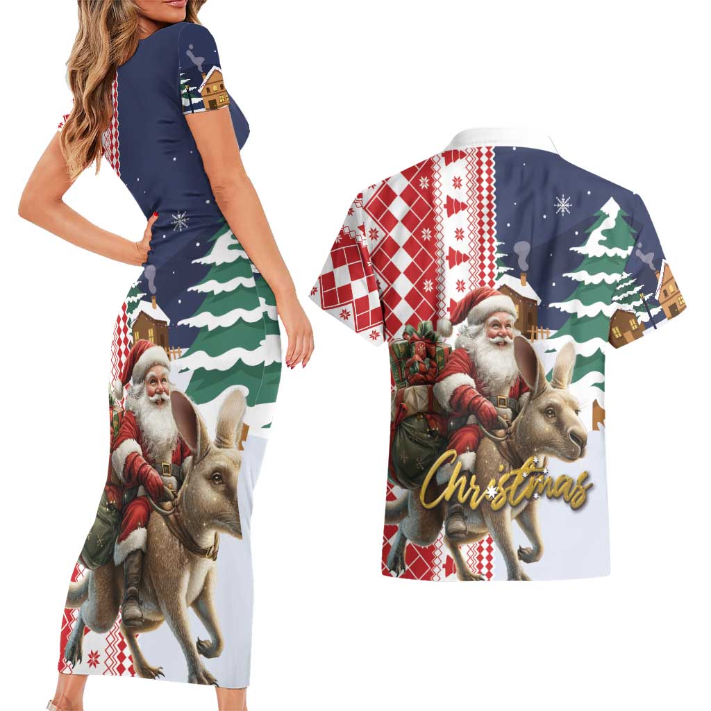 Kangaroo Australia Christmas Couples Matching Short Sleeve Bodycon Dress and Hawaiian Shirt Xmas Pattern - Wonder Print Shop