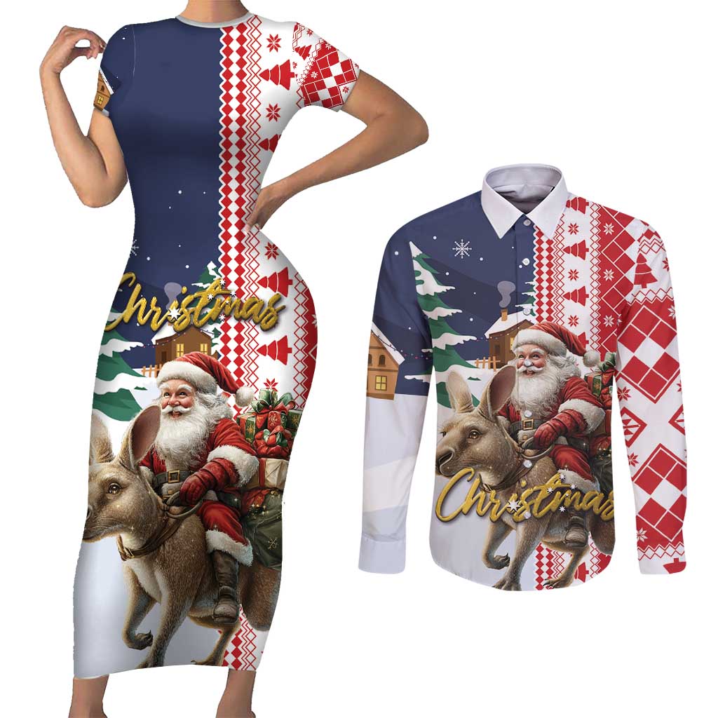 Kangaroo Australia Christmas Couples Matching Short Sleeve Bodycon Dress and Long Sleeve Button Shirt Xmas Pattern - Wonder Print Shop