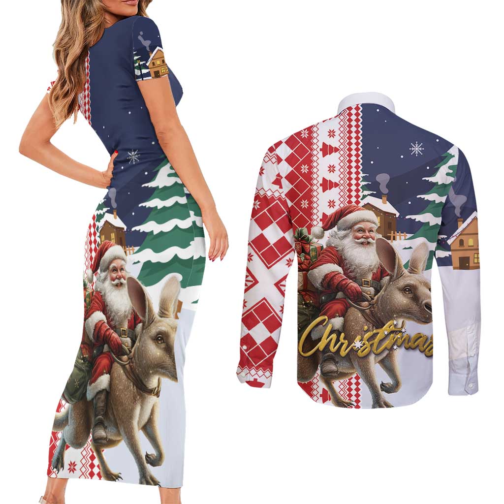 Kangaroo Australia Christmas Couples Matching Short Sleeve Bodycon Dress and Long Sleeve Button Shirt Xmas Pattern - Wonder Print Shop