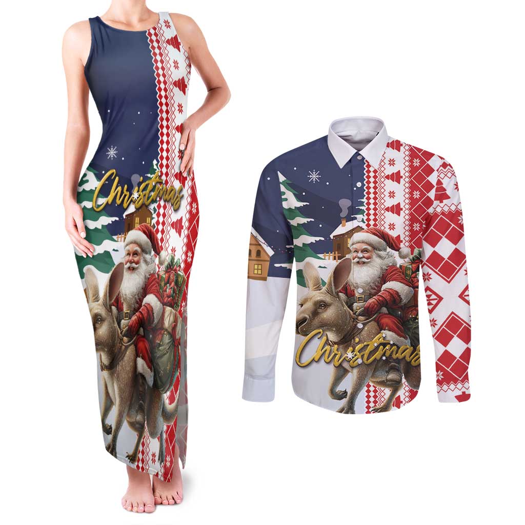 Kangaroo Australia Christmas Couples Matching Tank Maxi Dress and Long Sleeve Button Shirt Xmas Pattern - Wonder Print Shop
