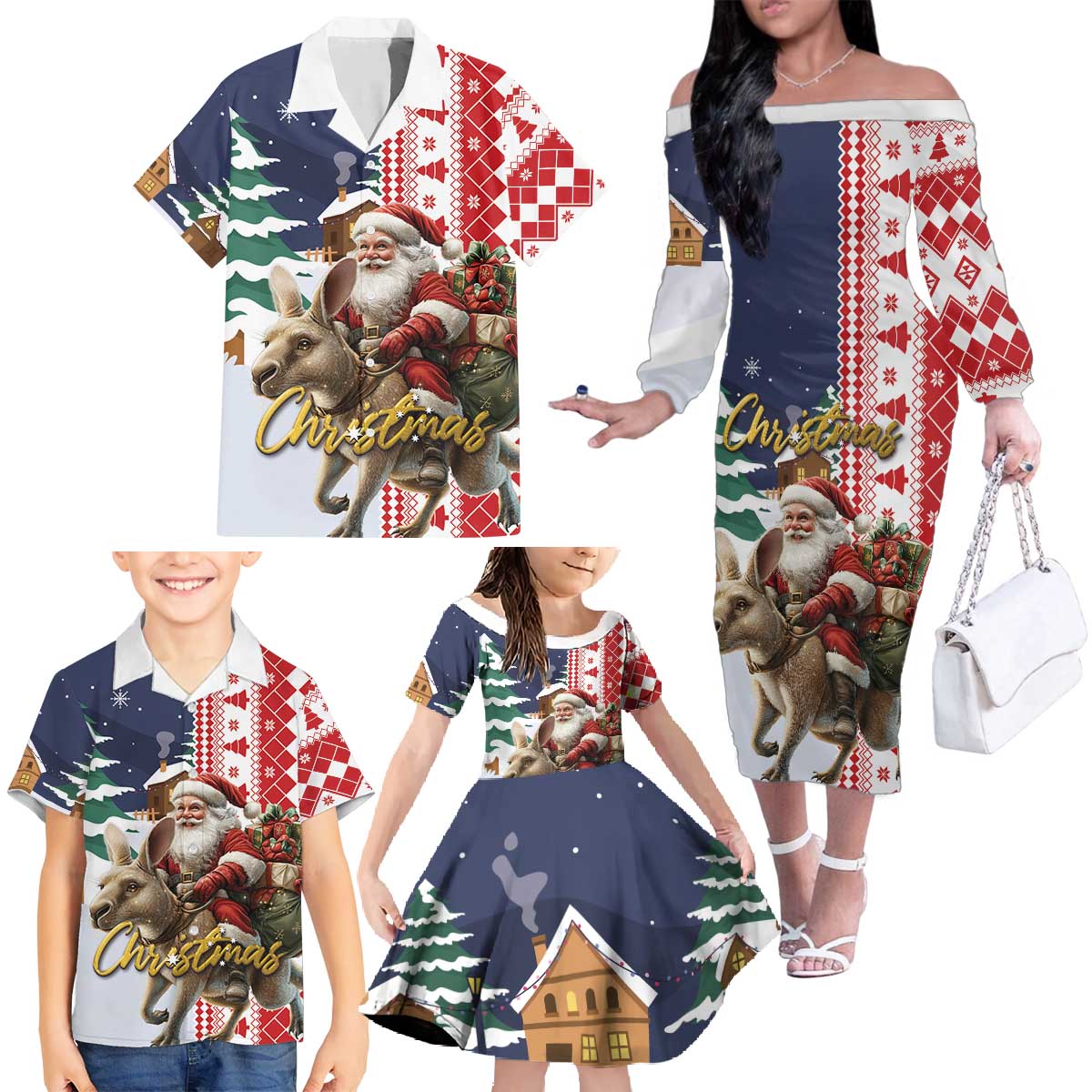 Kangaroo Australia Christmas Family Matching Off The Shoulder Long Sleeve Dress and Hawaiian Shirt Xmas Pattern - Wonder Print Shop