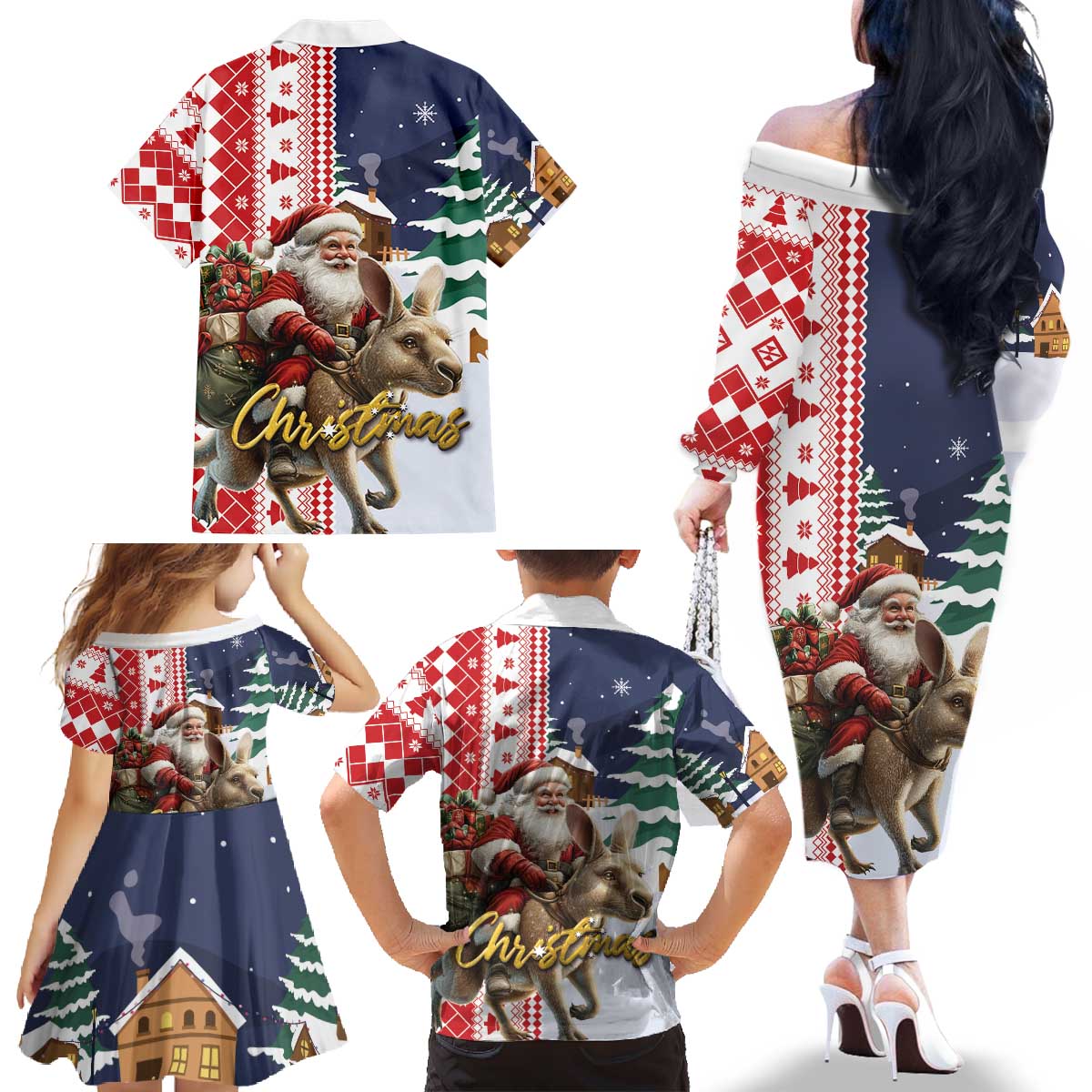 Kangaroo Australia Christmas Family Matching Off The Shoulder Long Sleeve Dress and Hawaiian Shirt Xmas Pattern - Wonder Print Shop