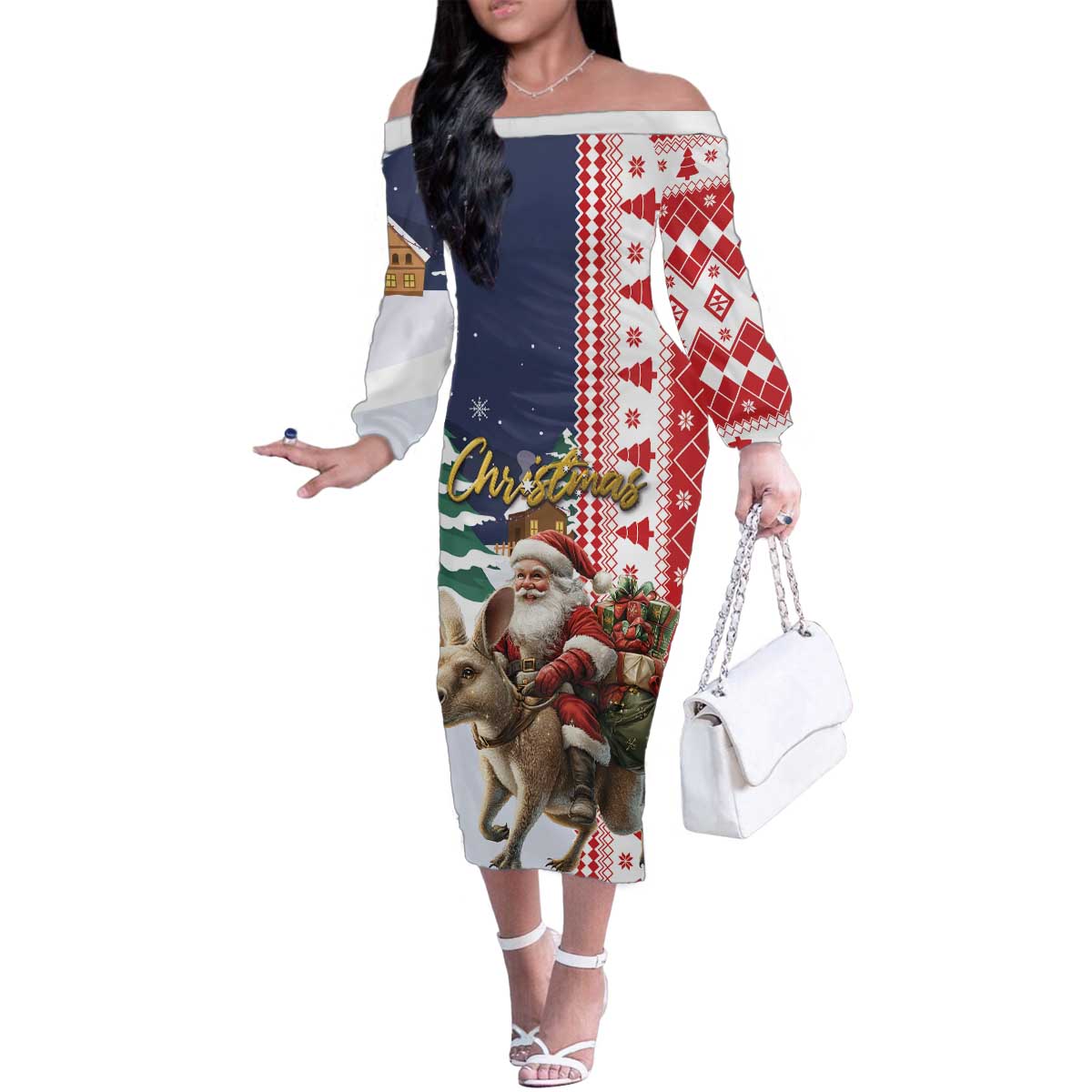 Kangaroo Australia Christmas Family Matching Off The Shoulder Long Sleeve Dress and Hawaiian Shirt Xmas Pattern - Wonder Print Shop