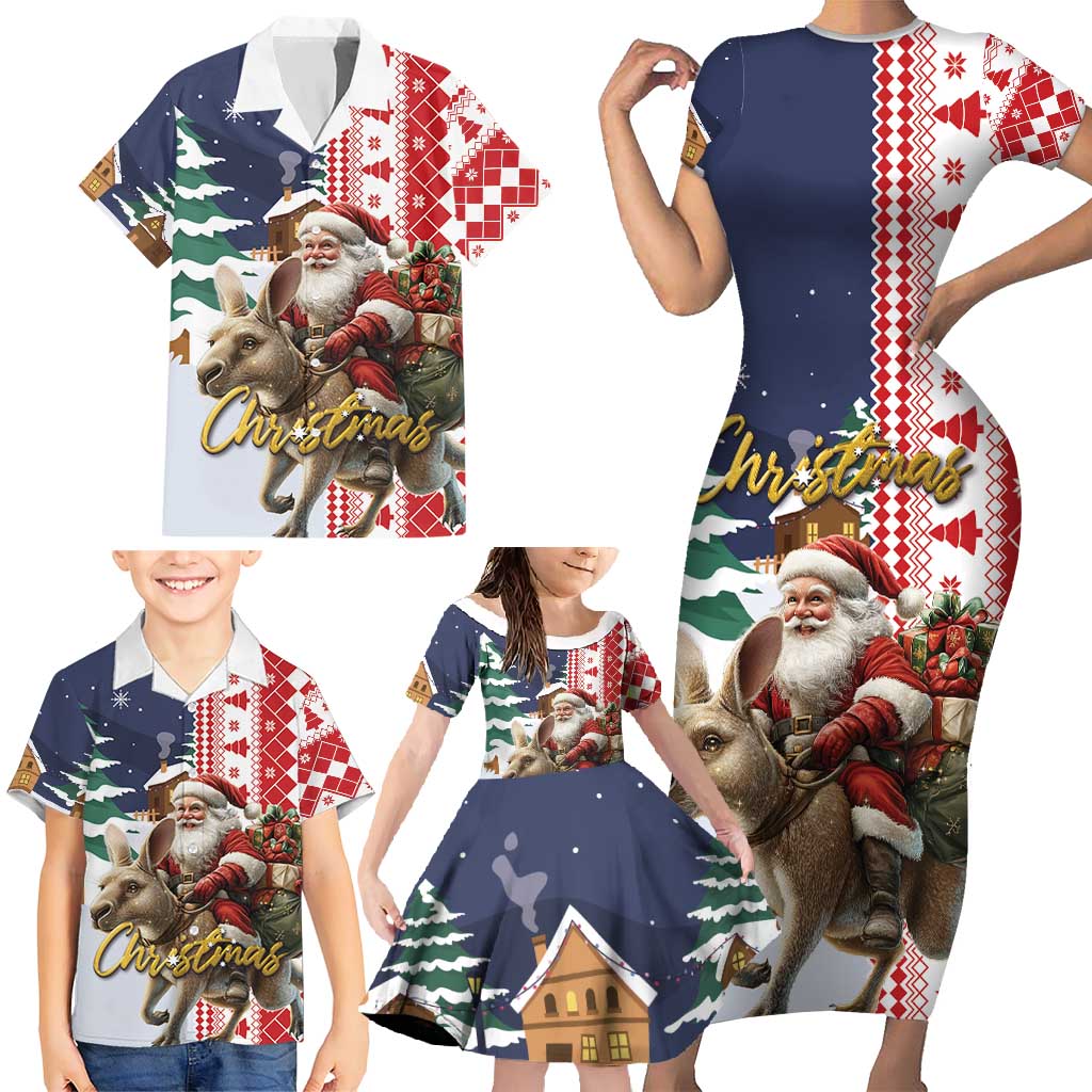 Kangaroo Australia Christmas Family Matching Short Sleeve Bodycon Dress and Hawaiian Shirt Xmas Pattern - Wonder Print Shop