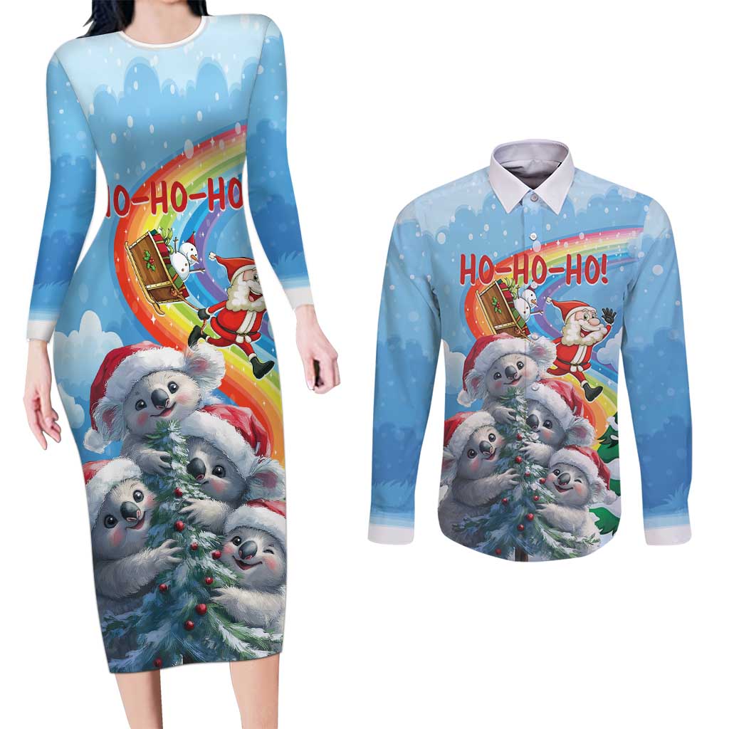 Personalised Australia Koala Christmas Couples Matching Long Sleeve Bodycon Dress and Long Sleeve Button Shirt Santa Claus Ho Ho Ho - Wonder Print Shop