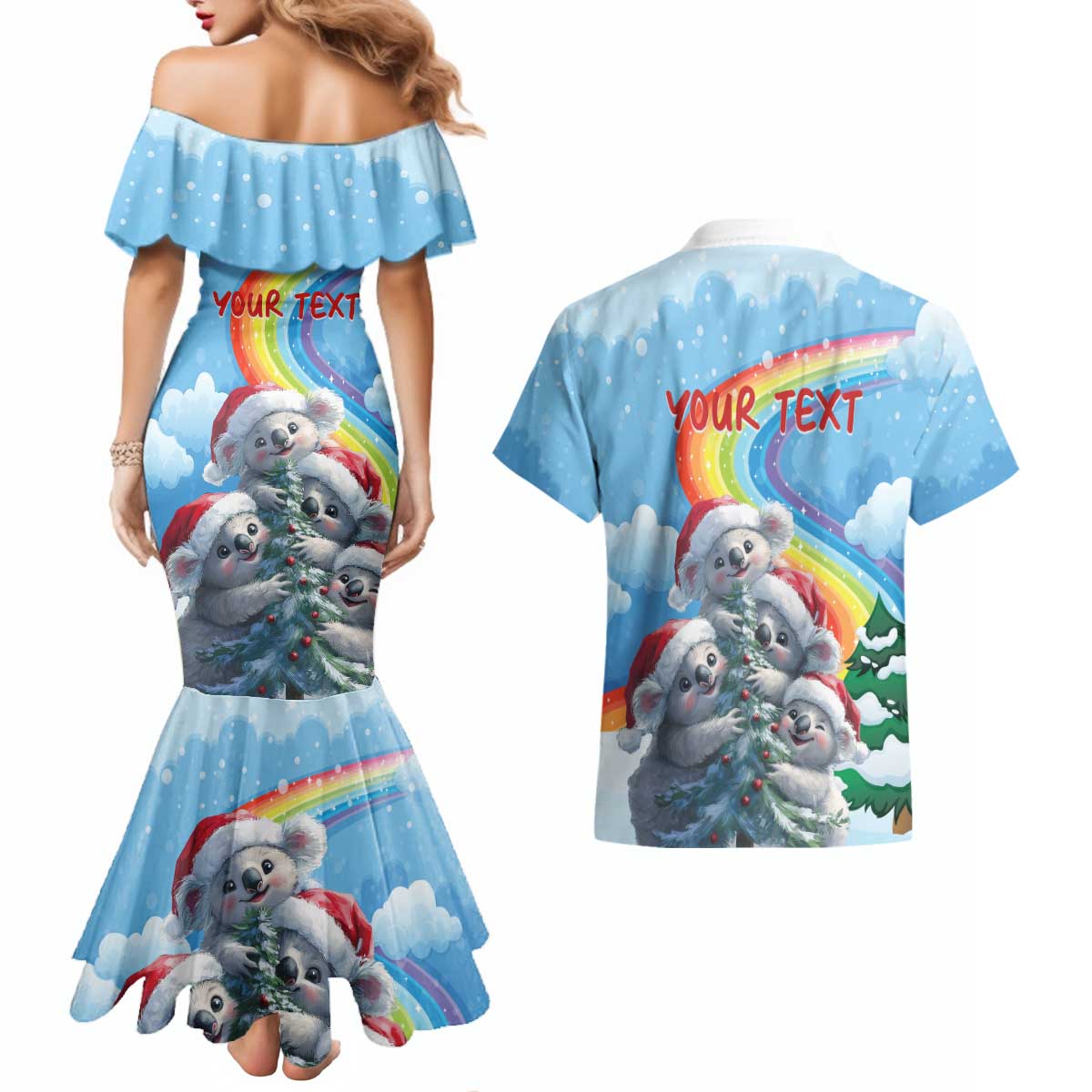 Personalised Australia Koala Christmas Couples Matching Mermaid Dress and Hawaiian Shirt Santa Claus Ho Ho Ho - Wonder Print Shop