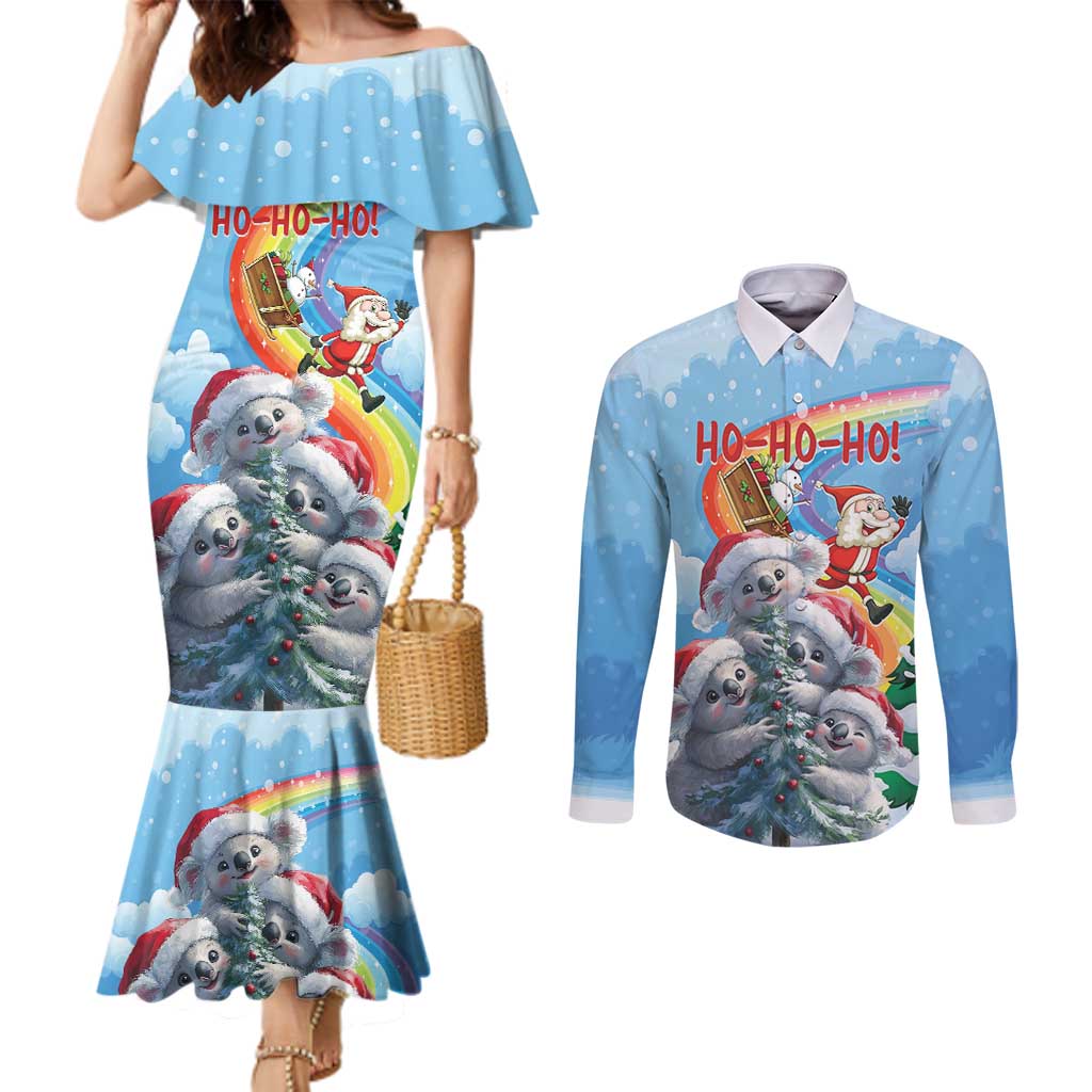 Personalised Australia Koala Christmas Couples Matching Mermaid Dress and Long Sleeve Button Shirt Santa Claus Ho Ho Ho