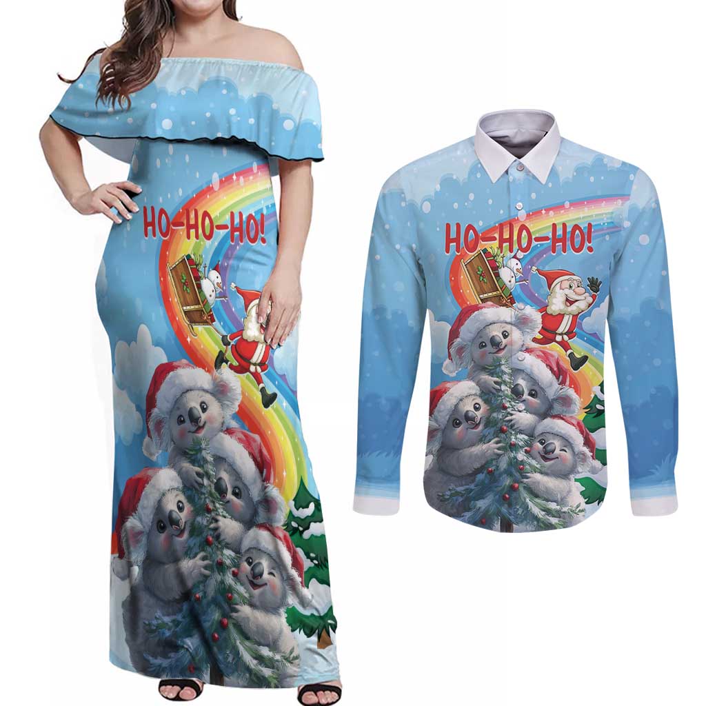 Personalised Australia Koala Christmas Couples Matching Off Shoulder Maxi Dress and Long Sleeve Button Shirt Santa Claus Ho Ho Ho - Wonder Print Shop