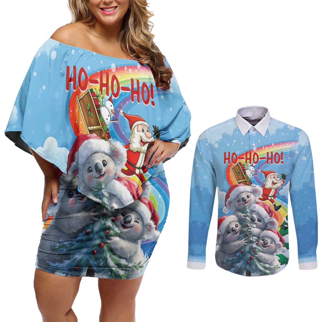 Personalised Australia Koala Christmas Couples Matching Off Shoulder Short Dress and Long Sleeve Button Shirt Santa Claus Ho Ho Ho - Wonder Print Shop
