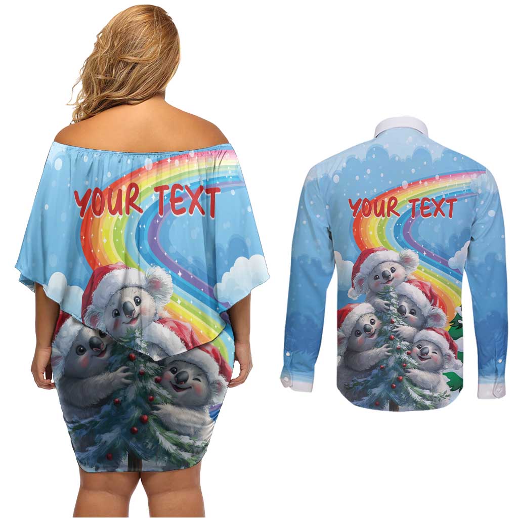 Personalised Australia Koala Christmas Couples Matching Off Shoulder Short Dress and Long Sleeve Button Shirt Santa Claus Ho Ho Ho - Wonder Print Shop