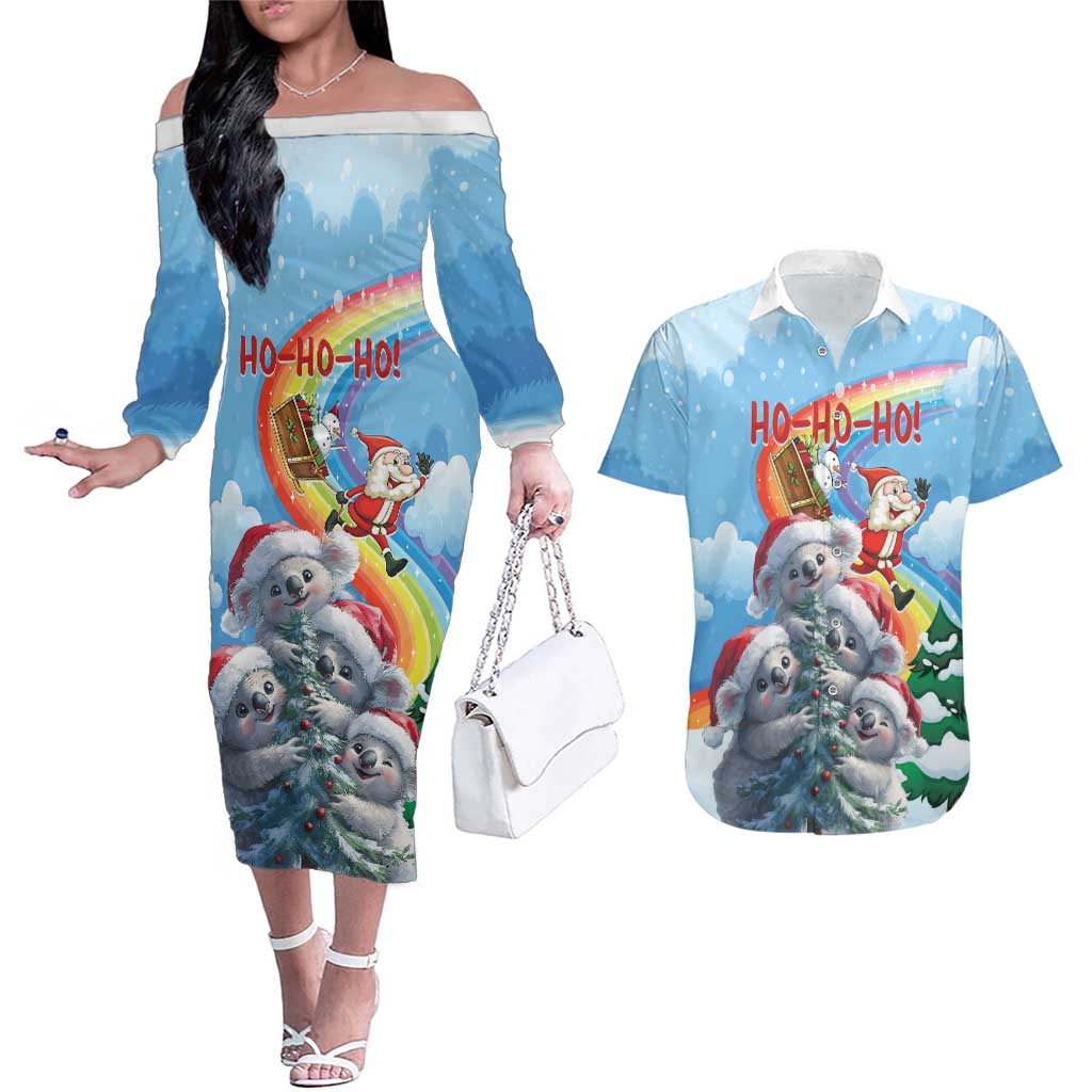 Personalised Australia Koala Christmas Couples Matching Off The Shoulder Long Sleeve Dress and Hawaiian Shirt Santa Claus Ho Ho Ho - Wonder Print Shop