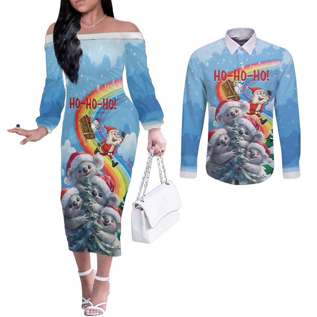 Personalised Australia Koala Christmas Couples Matching Off The Shoulder Long Sleeve Dress and Long Sleeve Button Shirt Santa Claus Ho Ho Ho