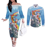 Personalised Australia Koala Christmas Couples Matching Off The Shoulder Long Sleeve Dress and Long Sleeve Button Shirt Santa Claus Ho Ho Ho