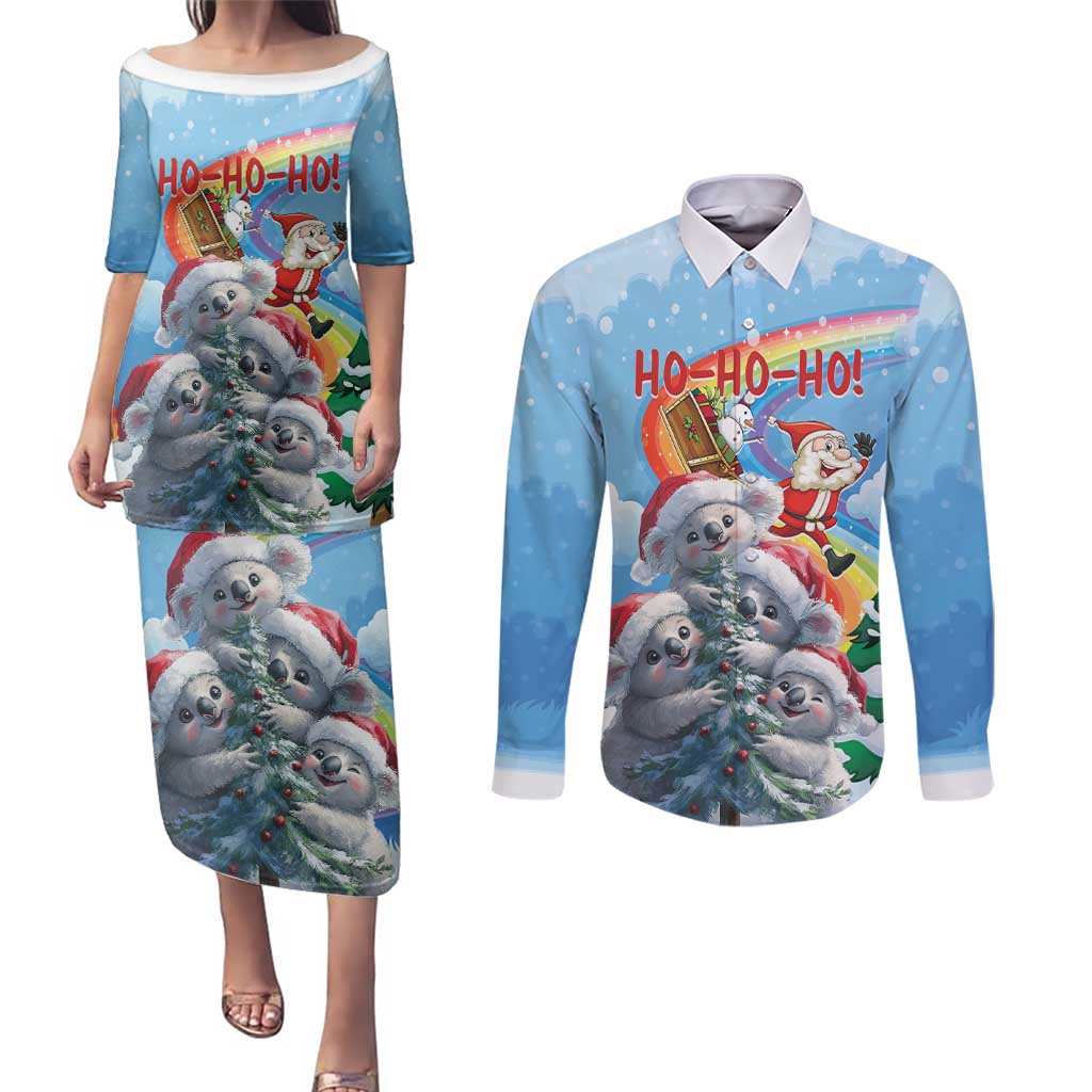 Personalised Australia Koala Christmas Couples Matching Puletasi and Long Sleeve Button Shirt Santa Claus Ho Ho Ho - Wonder Print Shop