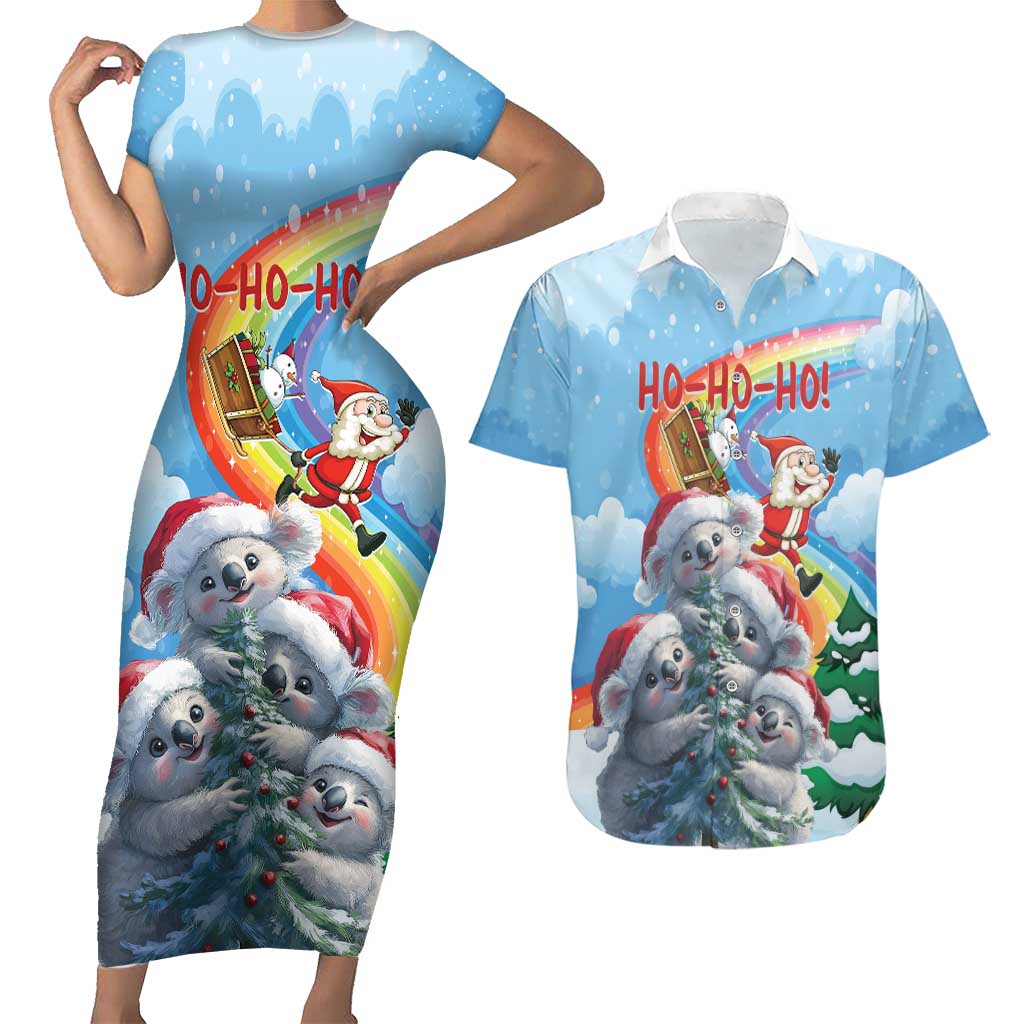 Personalised Australia Koala Christmas Couples Matching Short Sleeve Bodycon Dress and Hawaiian Shirt Santa Claus Ho Ho Ho - Wonder Print Shop