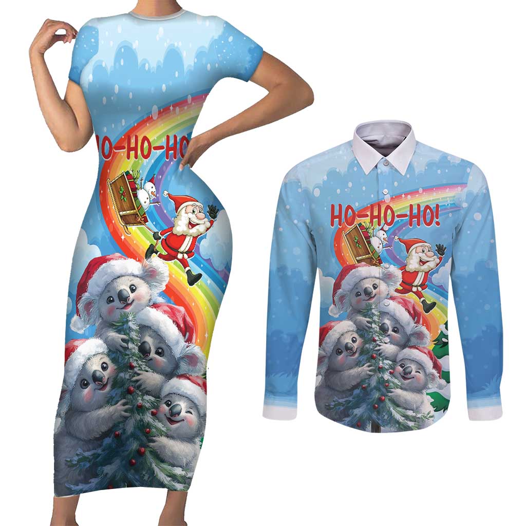 Personalised Australia Koala Christmas Couples Matching Short Sleeve Bodycon Dress and Long Sleeve Button Shirt Santa Claus Ho Ho Ho - Wonder Print Shop
