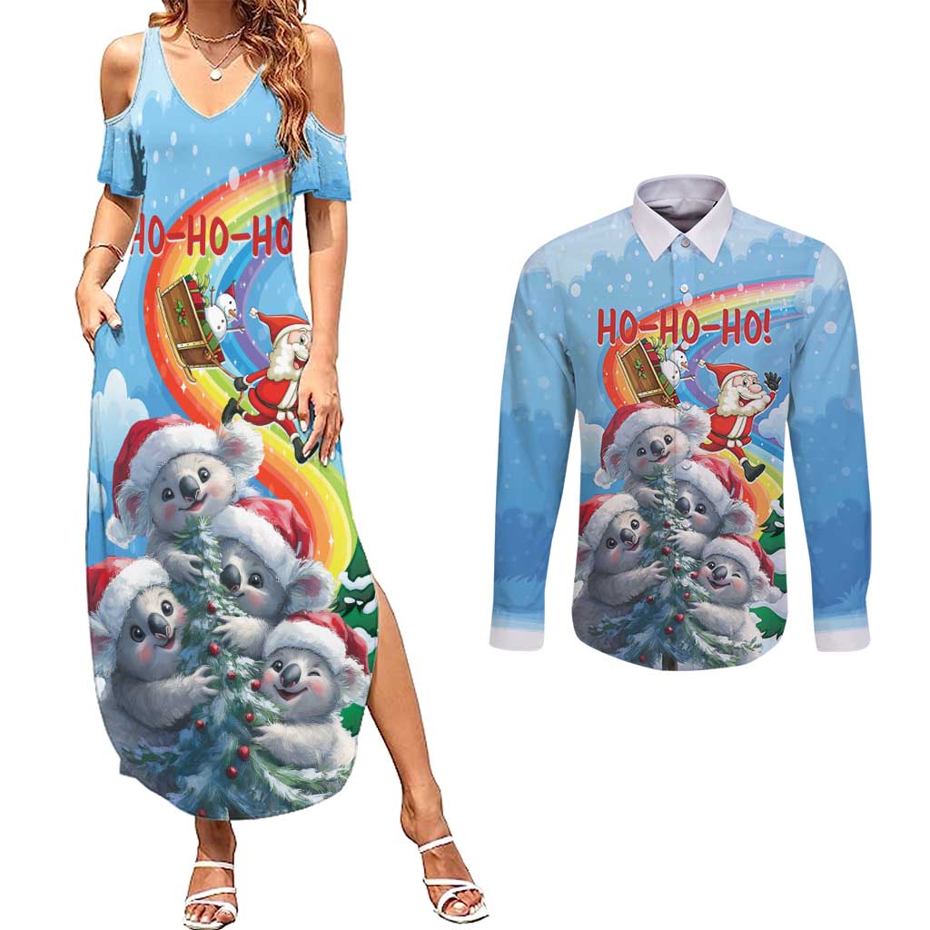 Personalised Australia Koala Christmas Couples Matching Summer Maxi Dress and Long Sleeve Button Shirt Santa Claus Ho Ho Ho - Wonder Print Shop