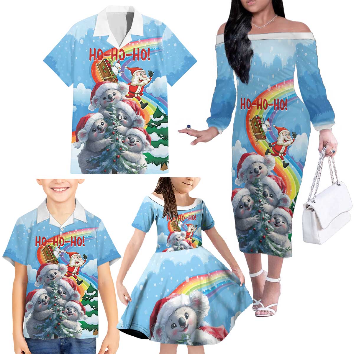 Personalised Australia Koala Christmas Family Matching Off The Shoulder Long Sleeve Dress and Hawaiian Shirt Santa Claus Ho Ho Ho - Wonder Print Shop