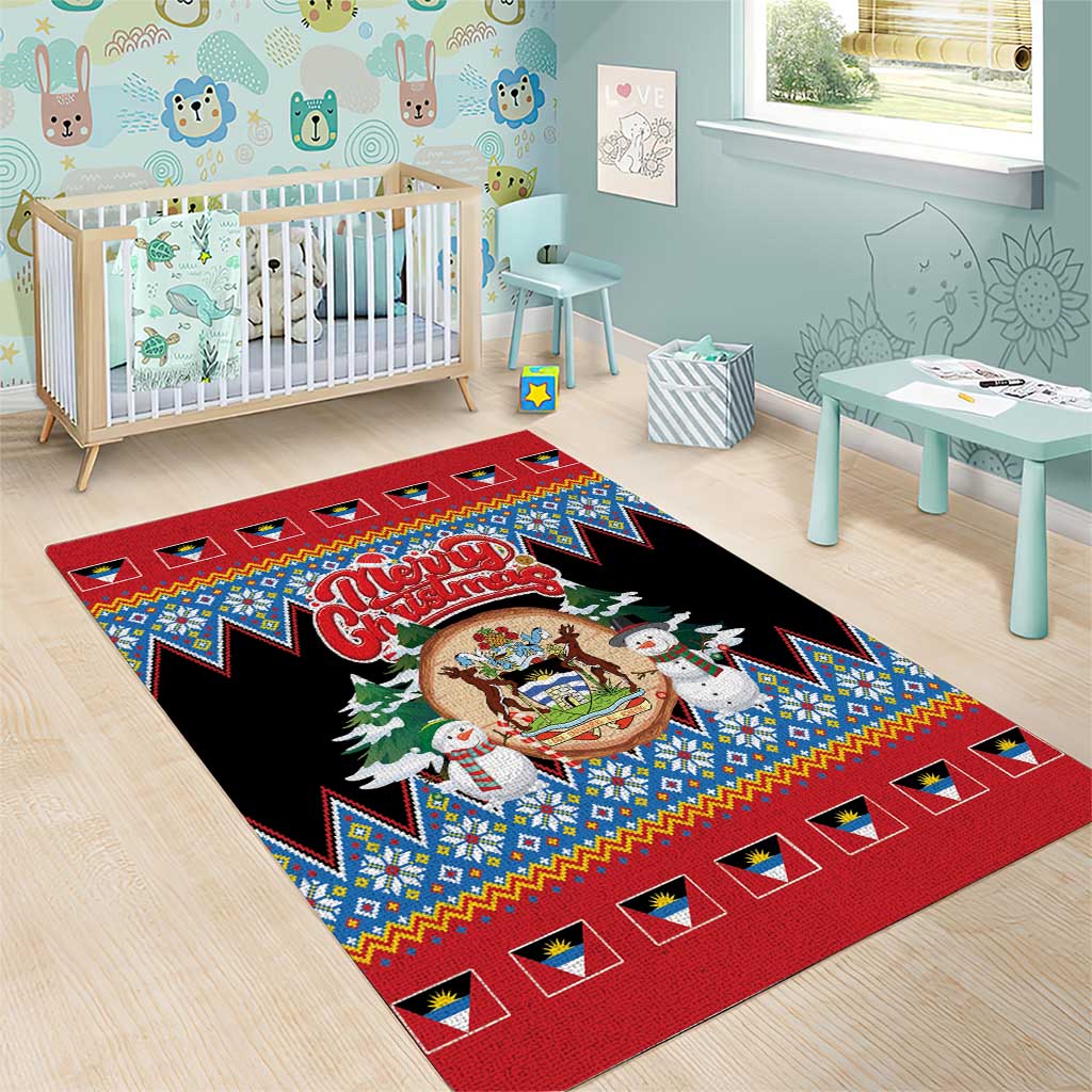 Antigua and Barbuda Christmas Area Rug Coat Of Arms With Snowman - Wonder Print Shop