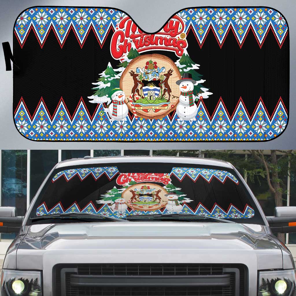 Antigua and Barbuda Christmas Auto Sun Shade Coat Of Arms With Snowman - Wonder Print Shop
