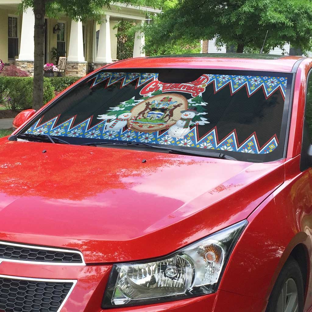 Antigua and Barbuda Christmas Auto Sun Shade Coat Of Arms With Snowman - Wonder Print Shop