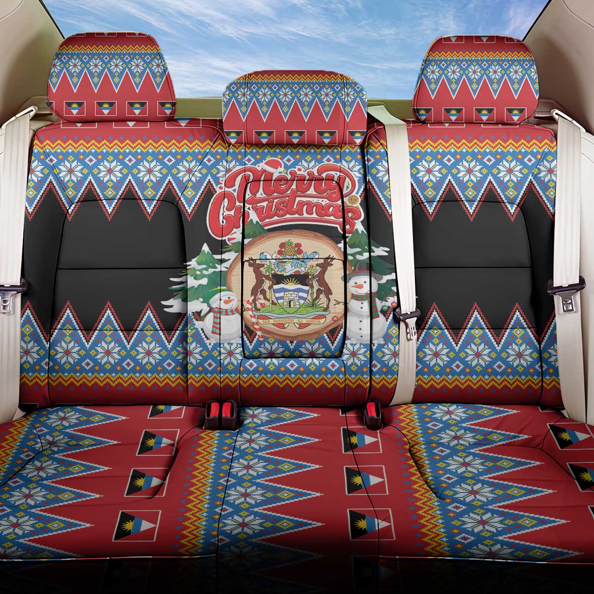 Antigua and Barbuda Christmas Back Car Seat Cover Coat Of Arms With Snowman - Wonder Print Shop