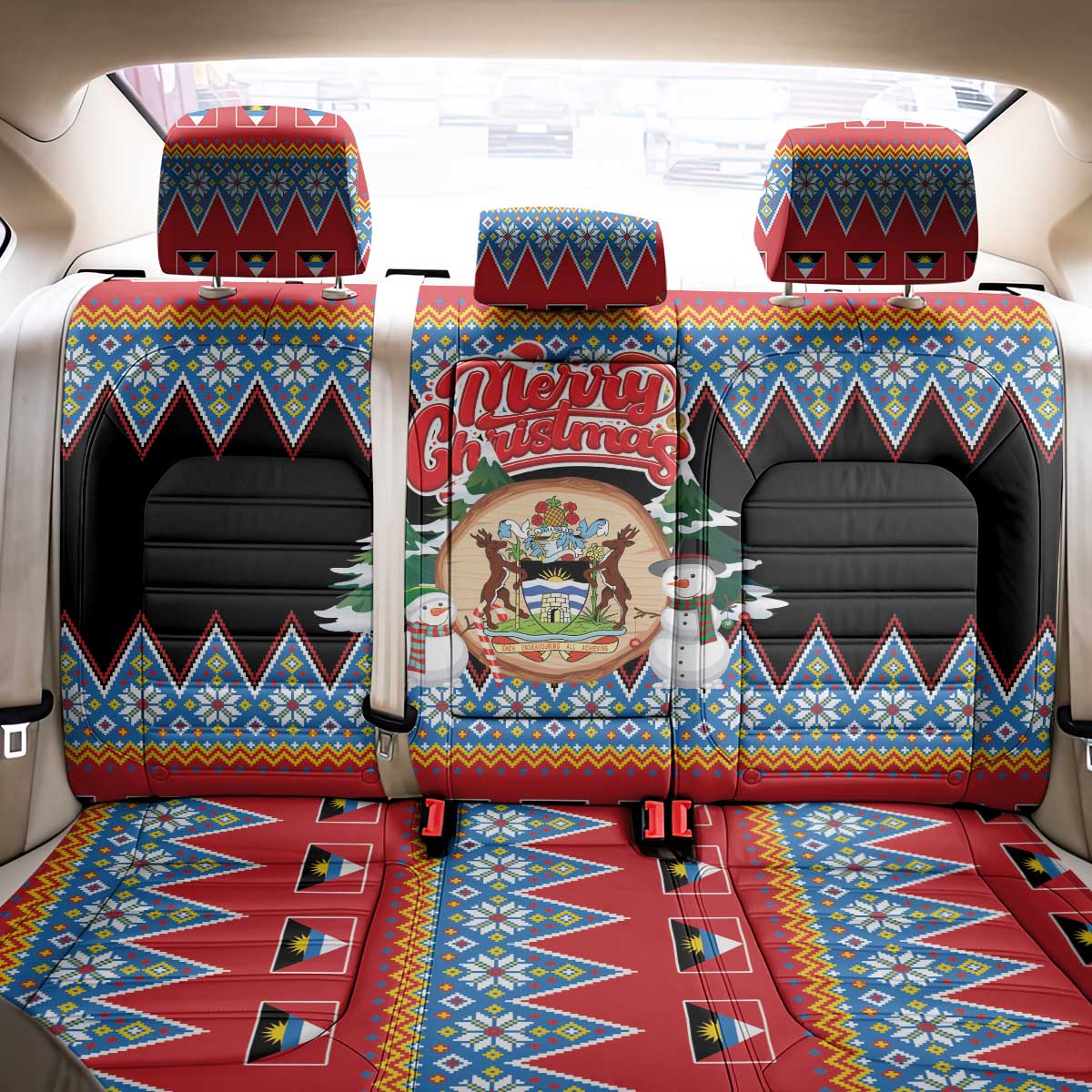 Antigua and Barbuda Christmas Back Car Seat Cover Coat Of Arms With Snowman - Wonder Print Shop