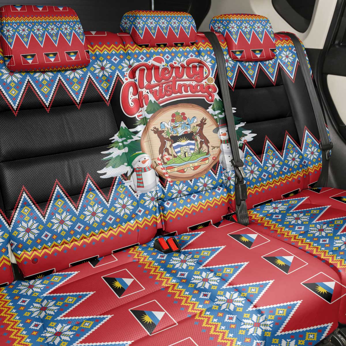 Antigua and Barbuda Christmas Back Car Seat Cover Coat Of Arms With Snowman - Wonder Print Shop