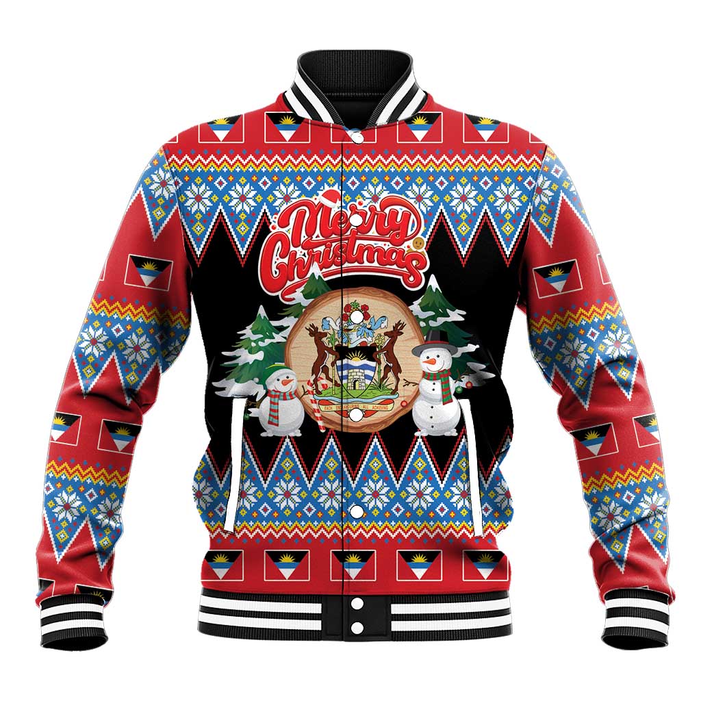 Personalized Antigua and Barbuda Christmas Baseball Jacket Coat Of Arms With Snowman - Wonder Print Shop