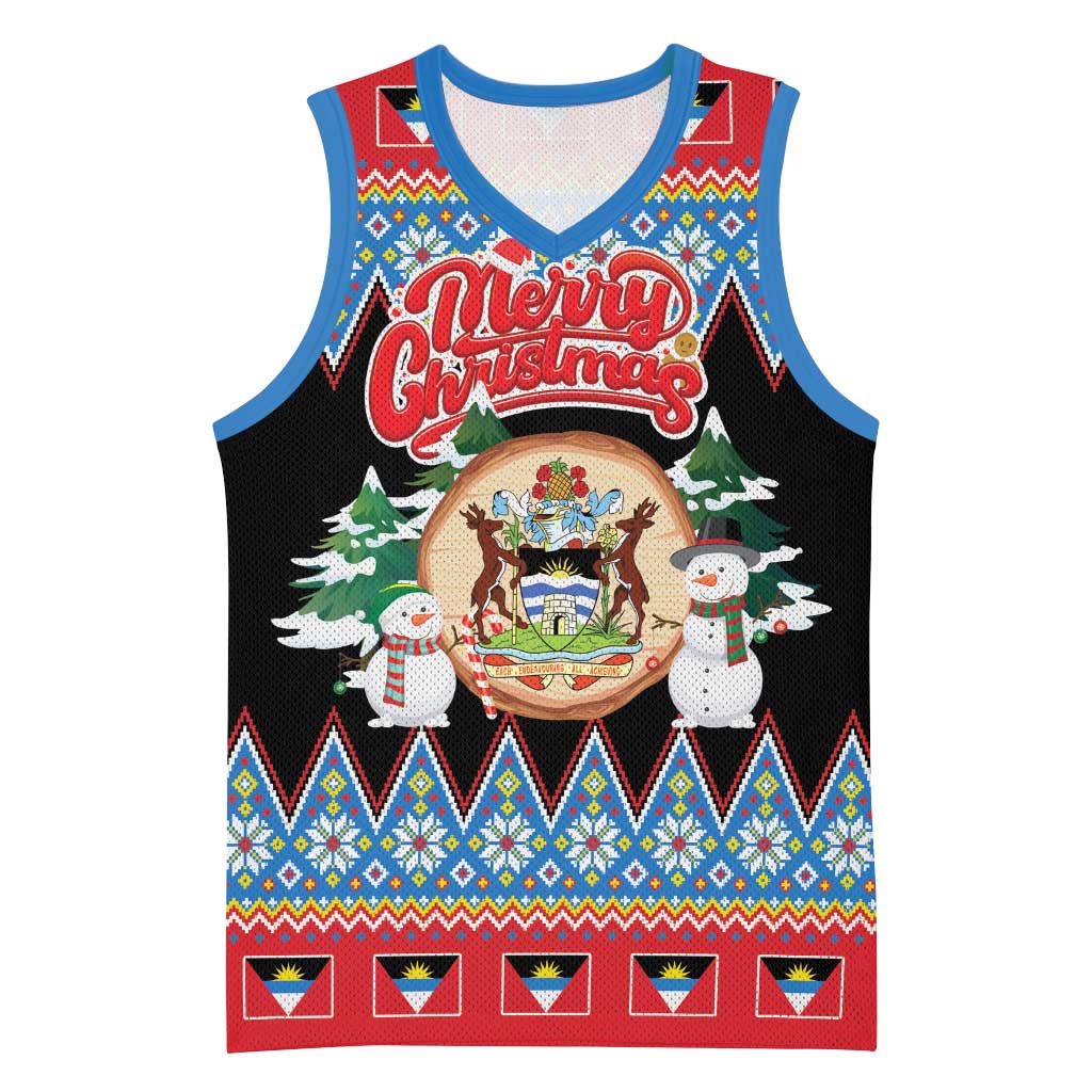 Personalized Antigua and Barbuda Christmas Basketball Jersey Coat Of Arms With Snowman - Wonder Print Shop