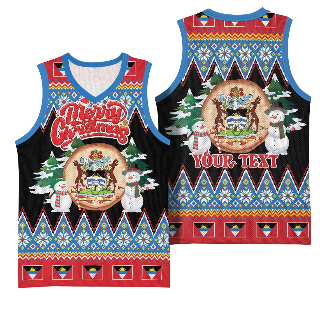 Personalized Antigua and Barbuda Christmas Basketball Jersey Coat Of Arms With Snowman - Wonder Print Shop