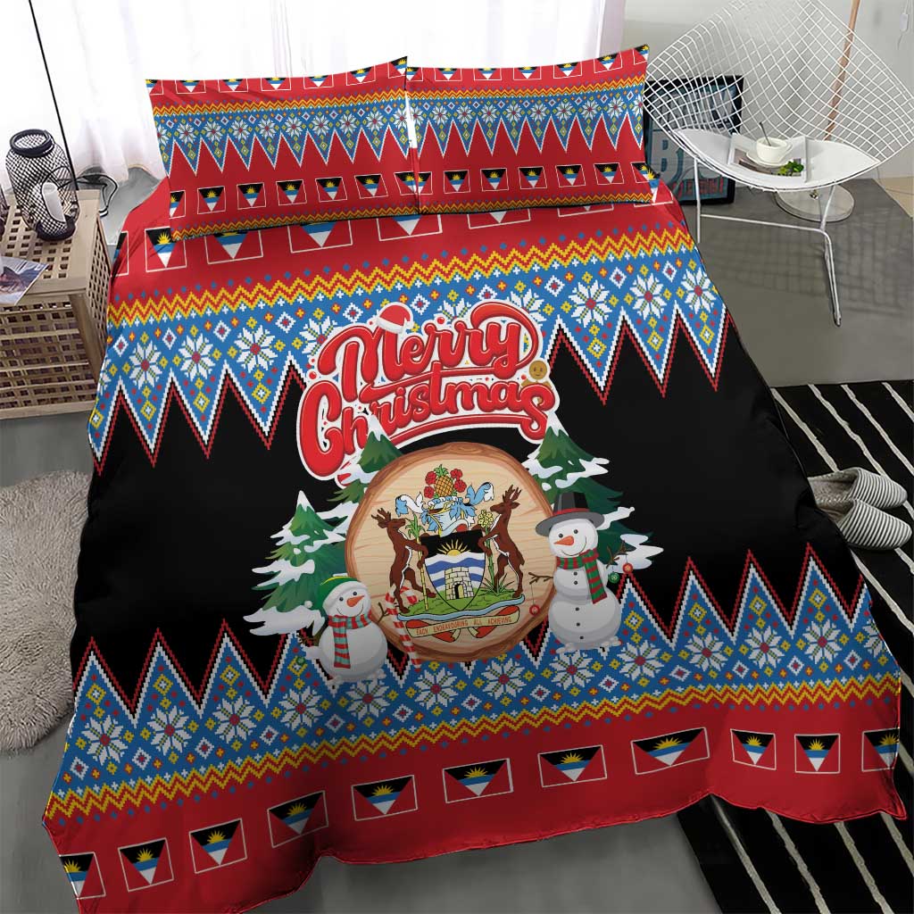 Antigua and Barbuda Christmas Bedding Set Coat Of Arms With Snowman - Wonder Print Shop