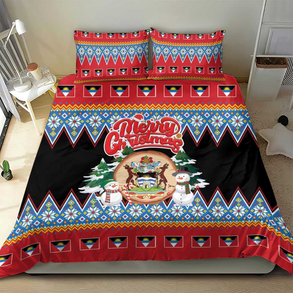 Antigua and Barbuda Christmas Bedding Set Coat Of Arms With Snowman - Wonder Print Shop