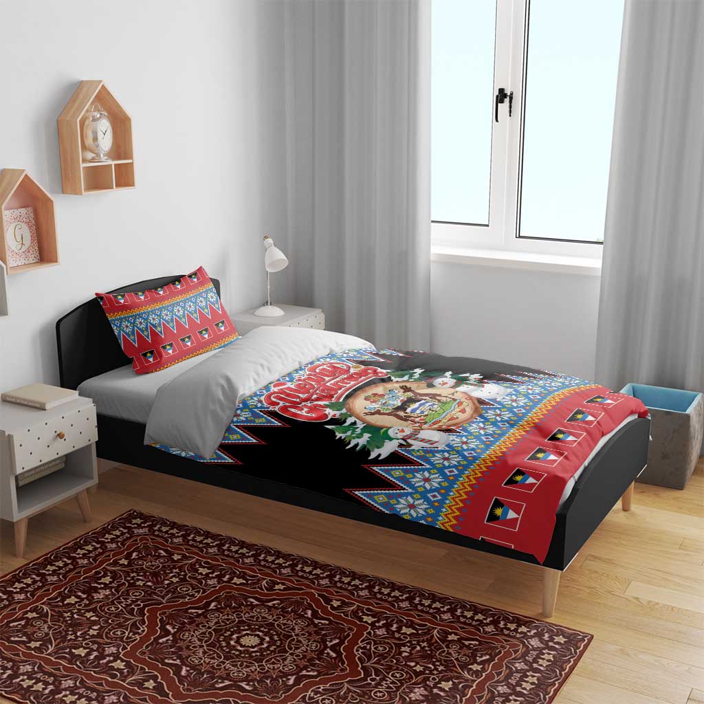 Antigua and Barbuda Christmas Bedding Set Coat Of Arms With Snowman - Wonder Print Shop