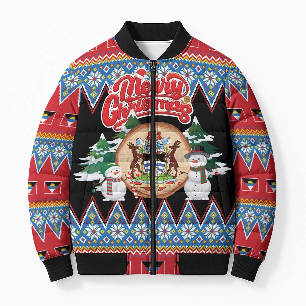 Personalized Antigua and Barbuda Christmas Bomber Puffer Jacket Coat Of Arms With Snowman - Wonder Print Shop