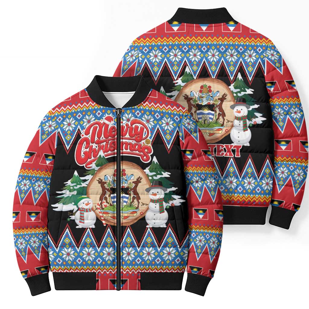 Personalized Antigua and Barbuda Christmas Bomber Puffer Jacket Coat Of Arms With Snowman - Wonder Print Shop