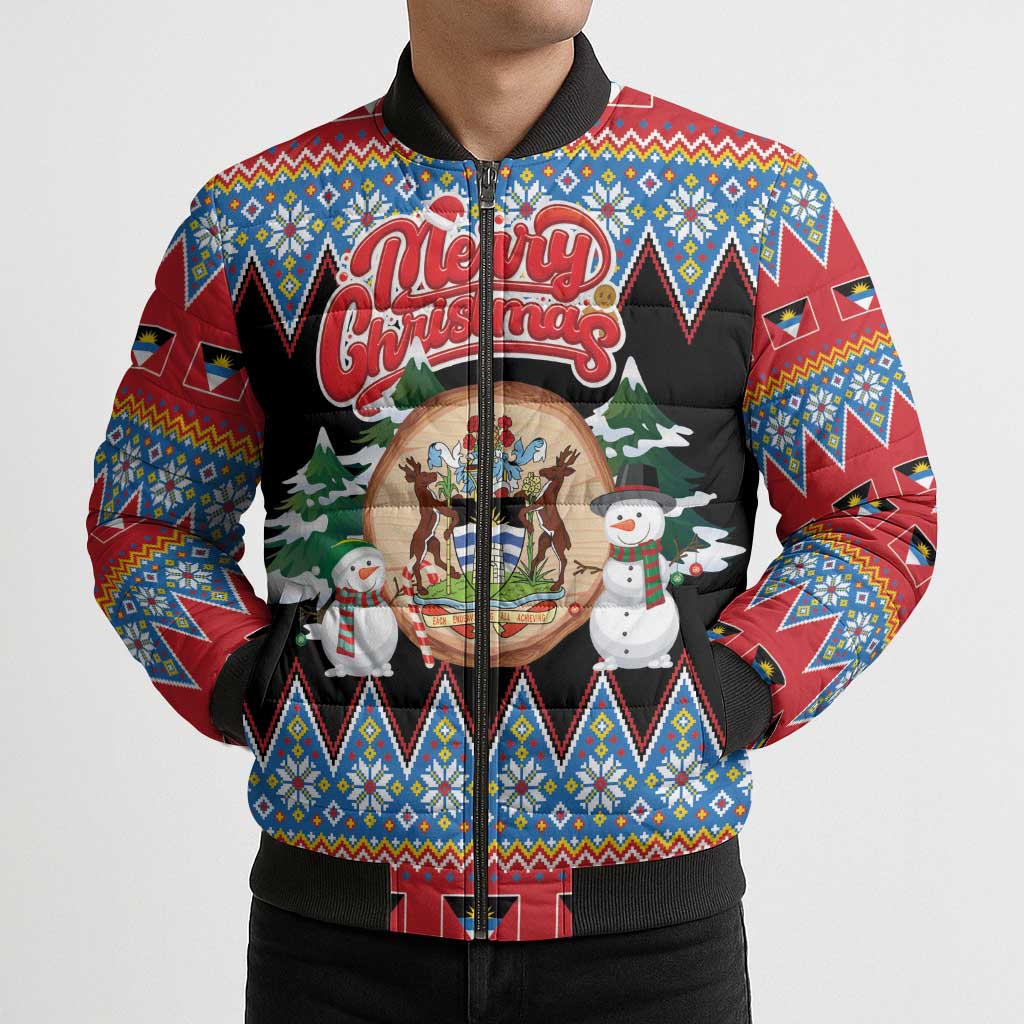 Personalized Antigua and Barbuda Christmas Bomber Puffer Jacket Coat Of Arms With Snowman - Wonder Print Shop