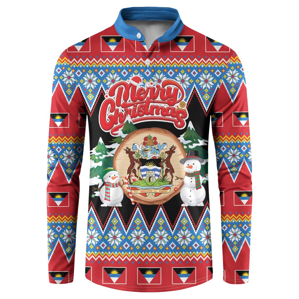 Personalized Antigua and Barbuda Christmas Button Sweatshirt Coat Of Arms With Snowman - undefined