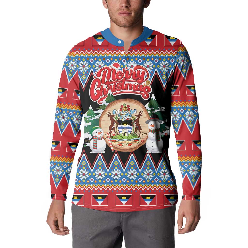 Personalized Antigua and Barbuda Christmas Button Sweatshirt Coat Of Arms With Snowman - undefined