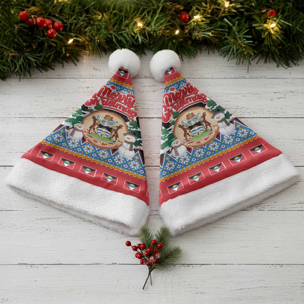 Antigua and Barbuda Christmas Santa Hat Coat Of Arms With Snowman - Wonder Print Shop