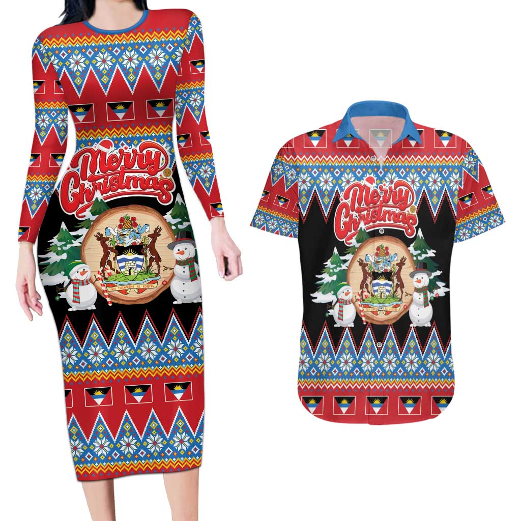 Personalized Antigua and Barbuda Christmas Couples Matching Long Sleeve Bodycon Dress and Hawaiian Shirt Coat Of Arms With Snowman - Wonder Print Shop