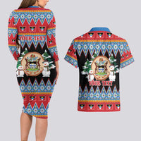 Personalized Antigua and Barbuda Christmas Couples Matching Long Sleeve Bodycon Dress and Hawaiian Shirt Coat Of Arms With Snowman - Wonder Print Shop