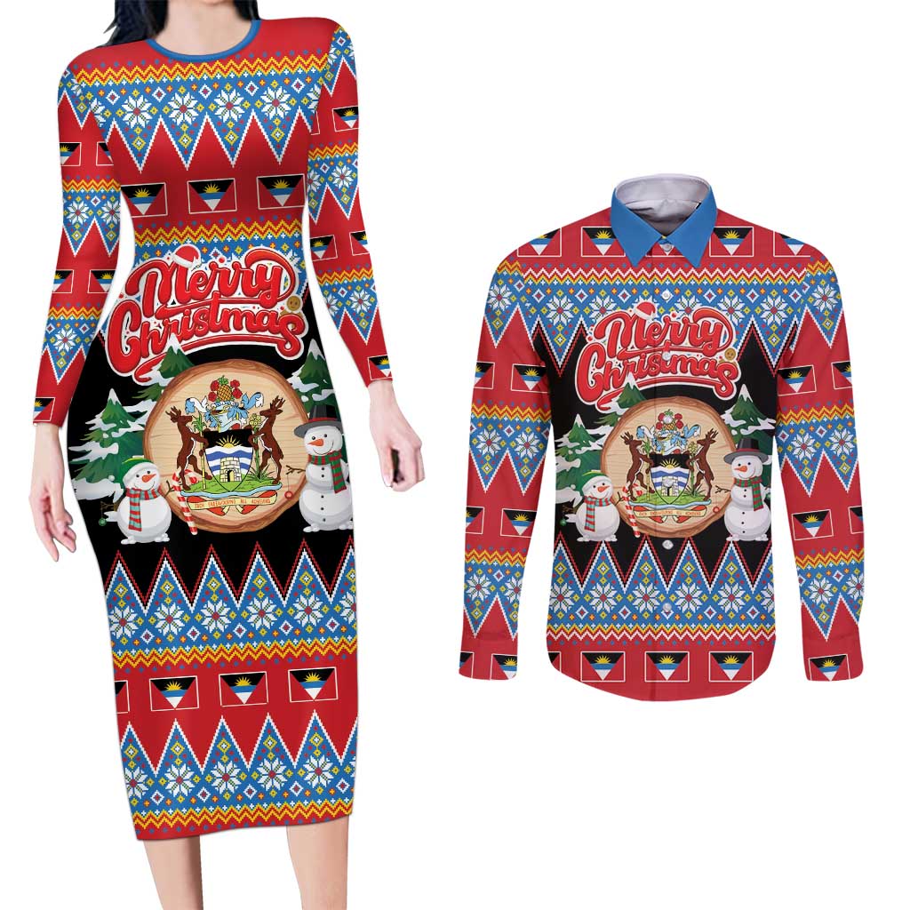 Personalized Antigua and Barbuda Christmas Couples Matching Long Sleeve Bodycon Dress and Long Sleeve Button Shirt Coat Of Arms With Snowman - Wonder Print Shop