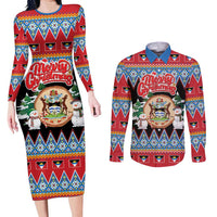 Personalized Antigua and Barbuda Christmas Couples Matching Long Sleeve Bodycon Dress and Long Sleeve Button Shirt Coat Of Arms With Snowman - Wonder Print Shop
