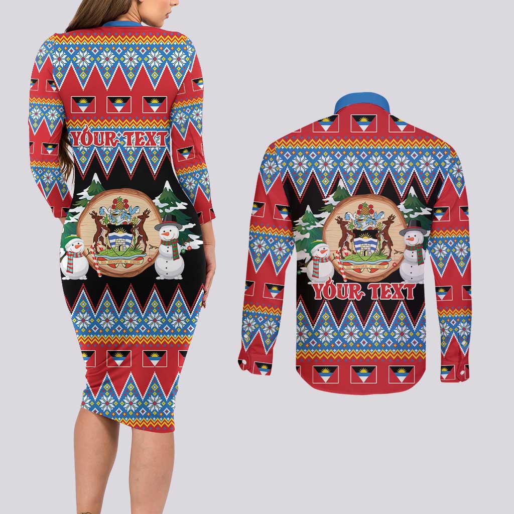 Personalized Antigua and Barbuda Christmas Couples Matching Long Sleeve Bodycon Dress and Long Sleeve Button Shirt Coat Of Arms With Snowman - Wonder Print Shop