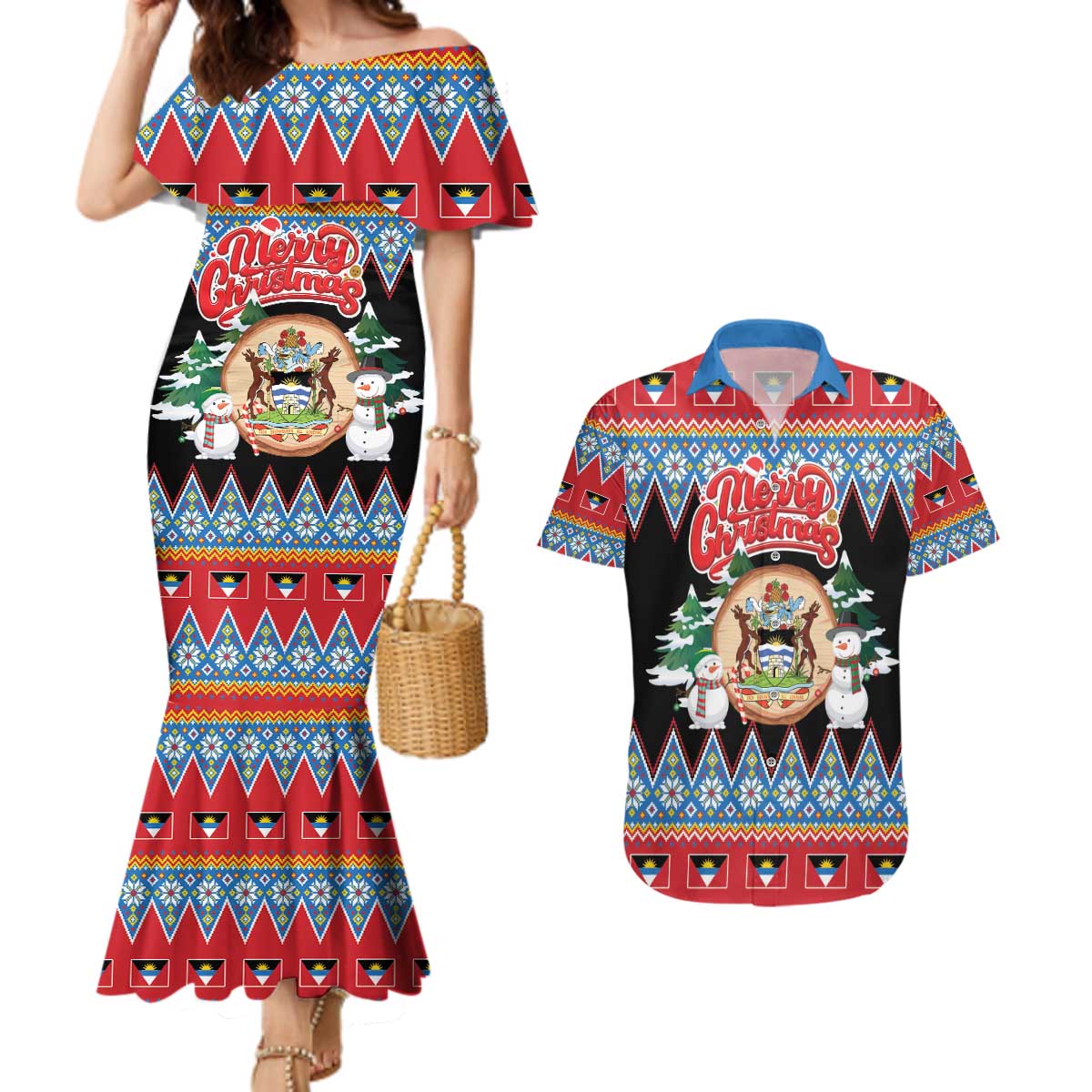 Personalized Antigua and Barbuda Christmas Couples Matching Mermaid Dress and Hawaiian Shirt Coat Of Arms With Snowman - Wonder Print Shop