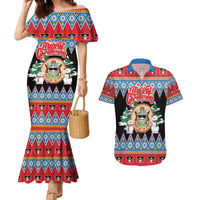 Personalized Antigua and Barbuda Christmas Couples Matching Mermaid Dress and Hawaiian Shirt Coat Of Arms With Snowman - Wonder Print Shop